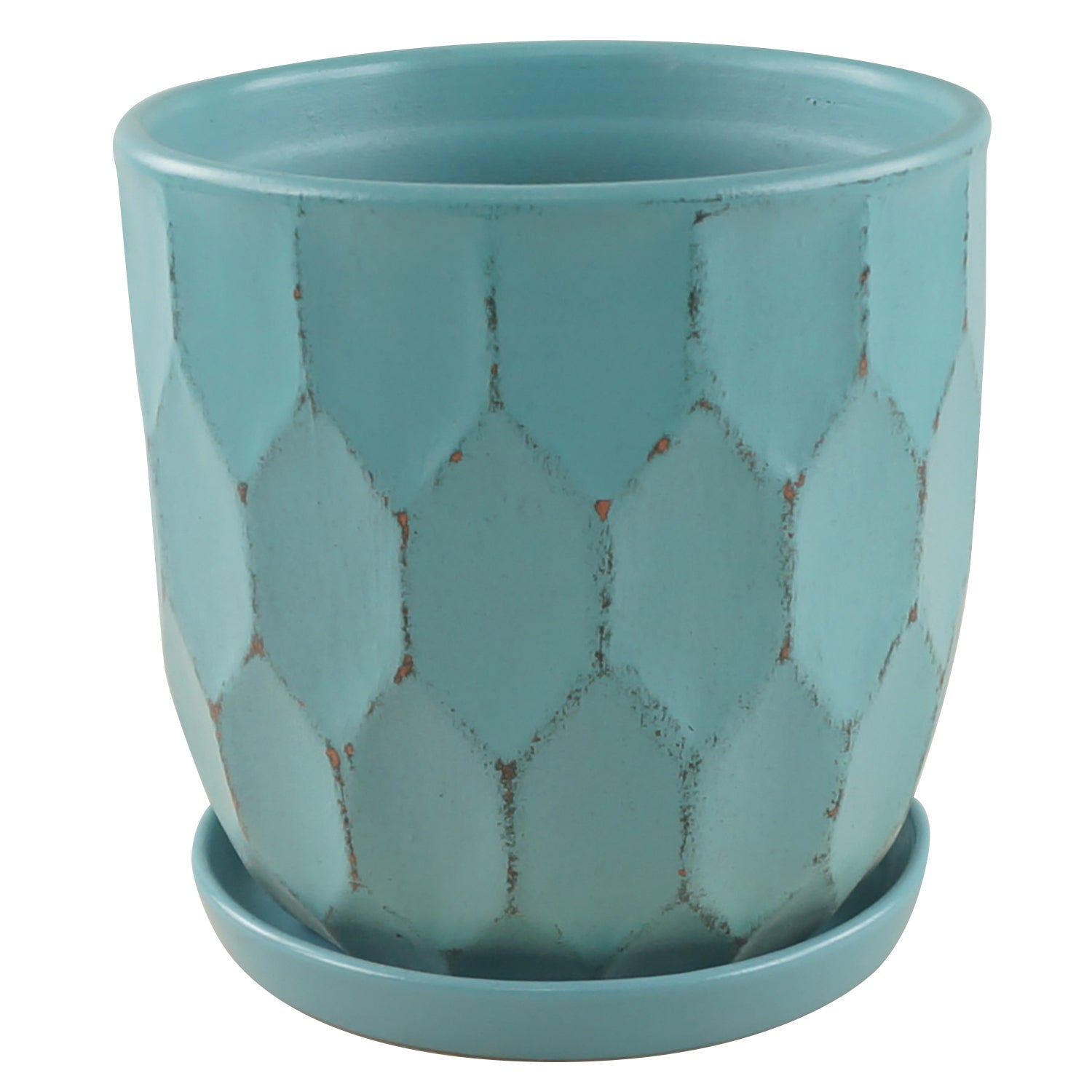 Distressed Honeycomb Pot with Attached Saucer