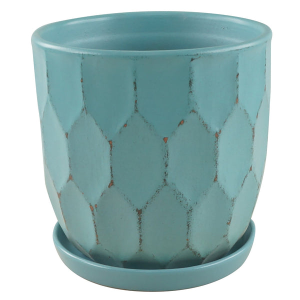 Distressed Honeycomb Pot with Attached Saucer