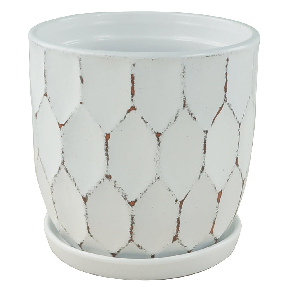 Distressed Honeycomb Pot with Attached Saucer