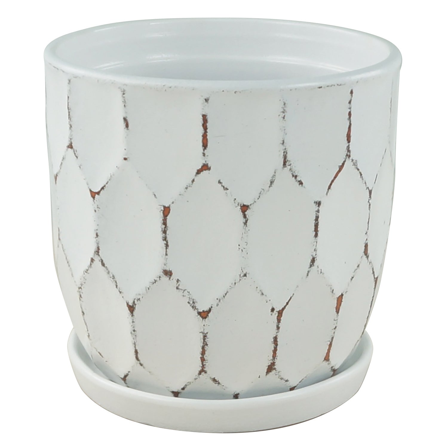 Distressed Honeycomb Pot with Attached Saucer