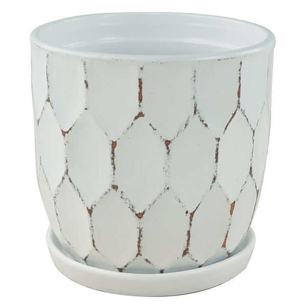 Distressed Honeycomb Pot with Attached Saucer