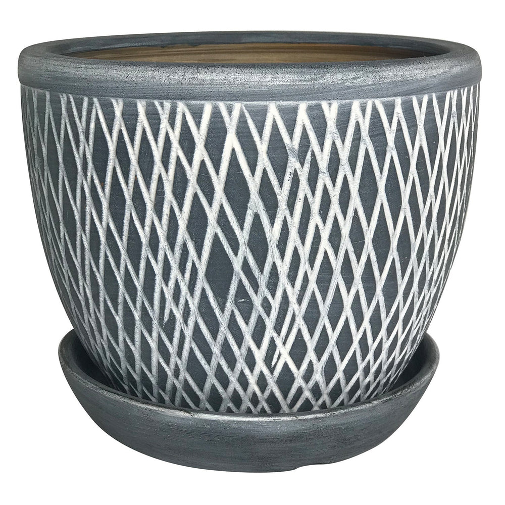 Crosshatch Egg Pot with Attached Saucer