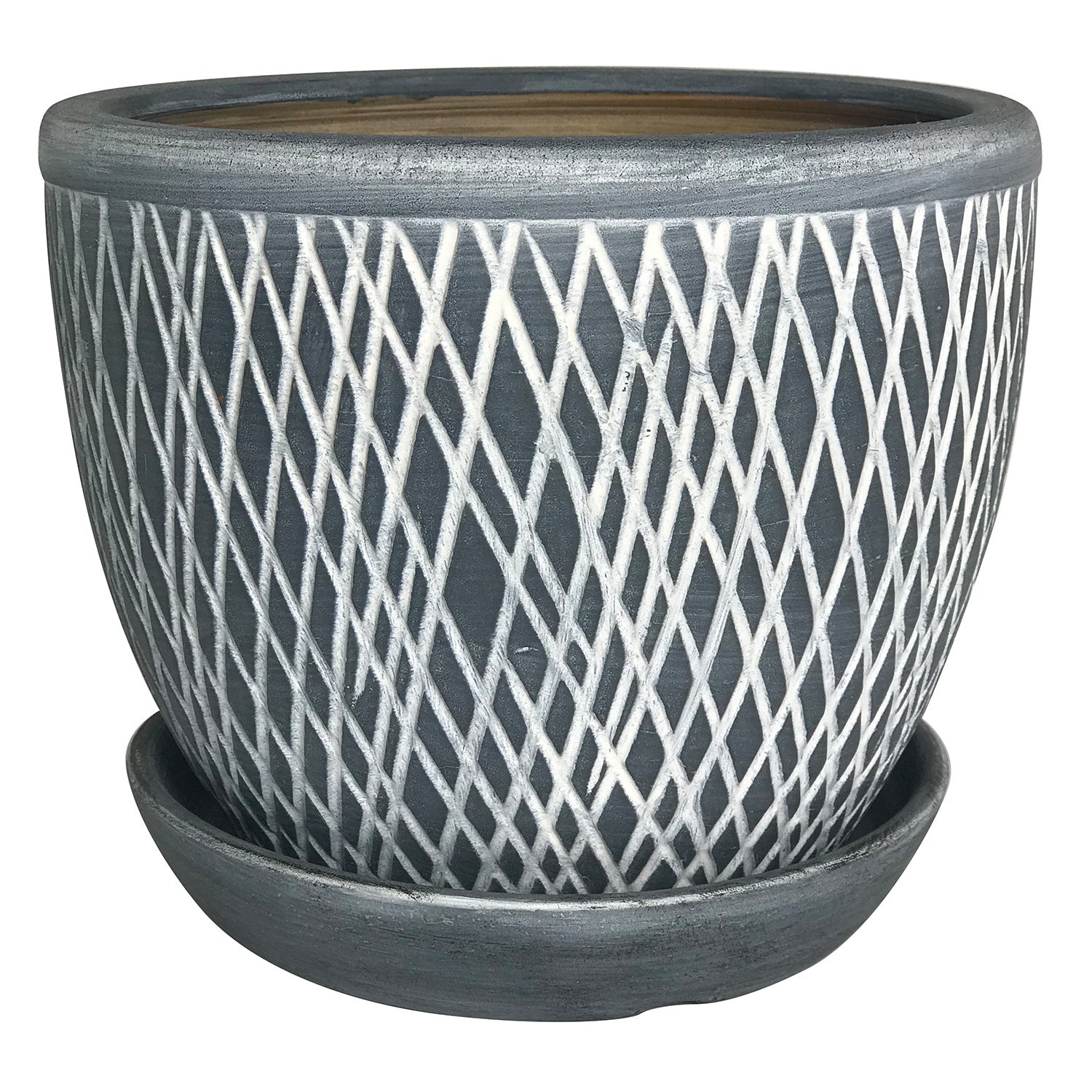Crosshatch Egg Pot with Attached Saucer