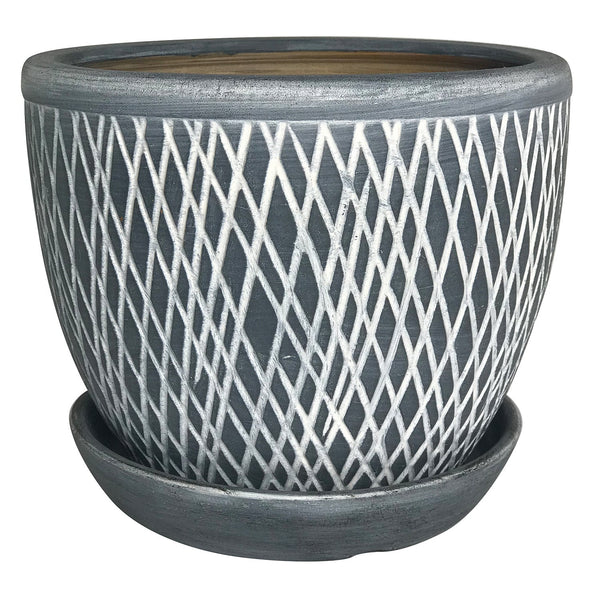 Crosshatch Egg Pot with Attached Saucer