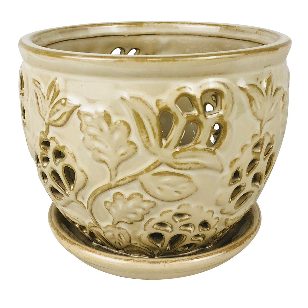 Jacobian Orchid Pot with Attached Saucer