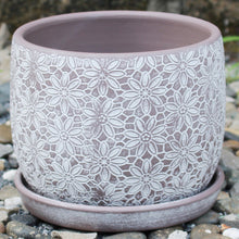 Floral Lace Stamp Planter with Attached Saucer