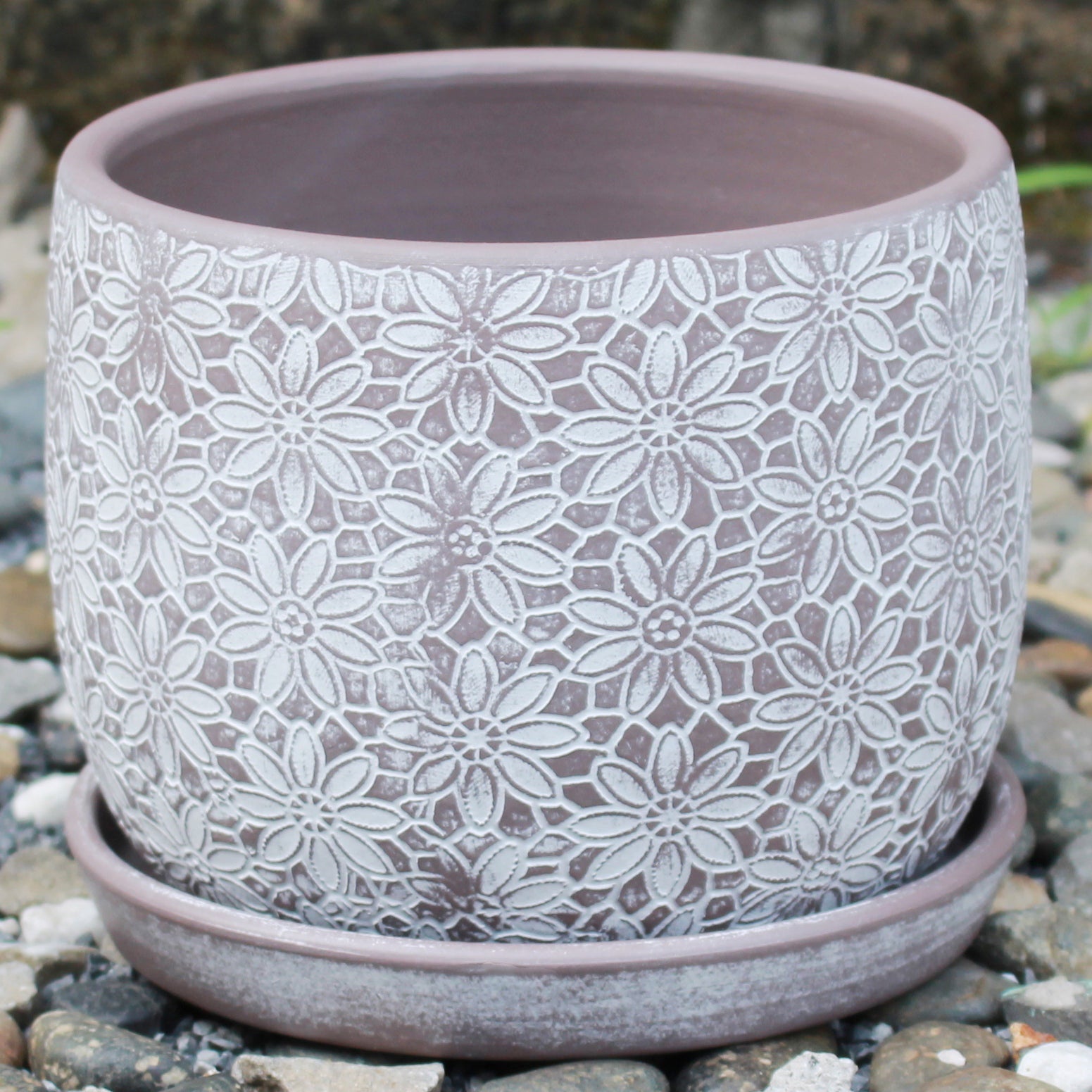 Floral Lace Stamp Planter with Attached Saucer