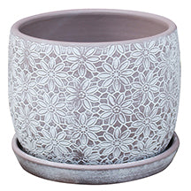 Floral Lace Stamp Planter with Attached Saucer